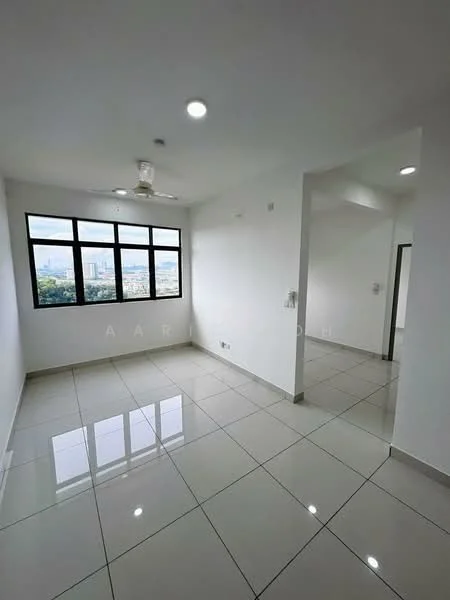 Room features: white painted walls, glossy ceramic tile flooring, 5-blade ceiling fan with light, large windows with black frames, city view, recessed LED downlights, neutral color scheme, open layout; style: modern; view: city.