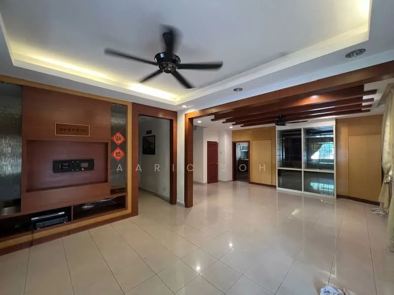 Living features: white painted walls, polished ceramic tile flooring, recessed ceiling with LED lighting, 5-blade ceiling fan, wooden feature wall, built-in TV console, large glass sliding door, natural light from windows, decorative wooden beams, neutral color scheme; style: modern.