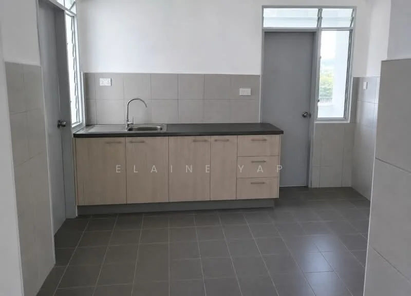 Kitchen features: single-bowl stainless-steel sink, chrome pull-down faucet, laminate countertop in dark grey, light wood cabinetry with flat-panel doors, grey tiled backsplash, grey floor tiles, two windows for natural light, wall-mounted cabinets, open layout; style: modern.