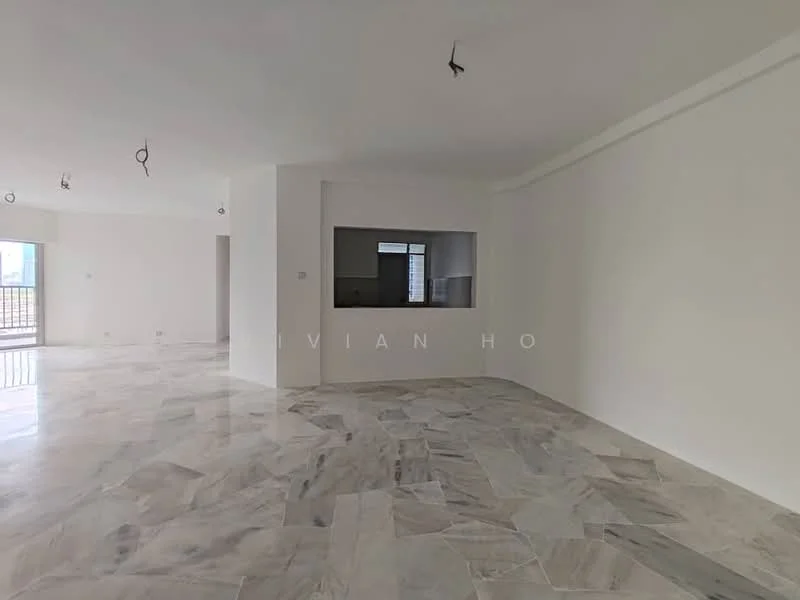Room features: marble flooring, white painted walls, recessed downlights, large windows, open layout, neutral color palette, smooth ceiling, no visible furniture; style: modern; view: city.