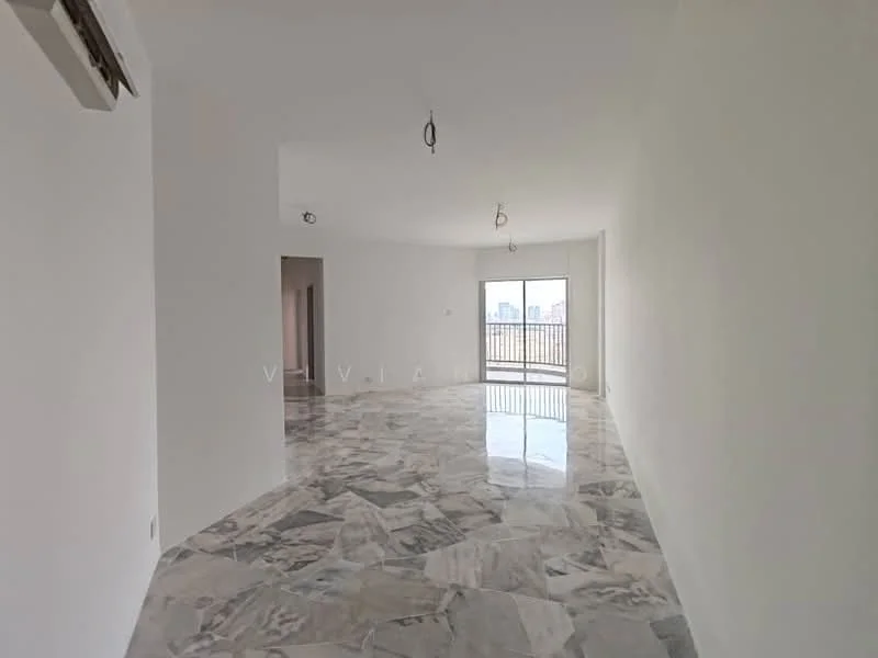 Living features: marble flooring, white painted walls, recessed downlights, floor-to-ceiling windows, sliding glass door, city view, open layout, neutral color scheme; style: modern; view: city.