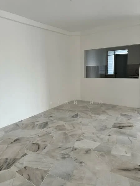 Room features: white painted walls, marble tile flooring, large window, open layout, natural light, neutral color scheme; style: modern.