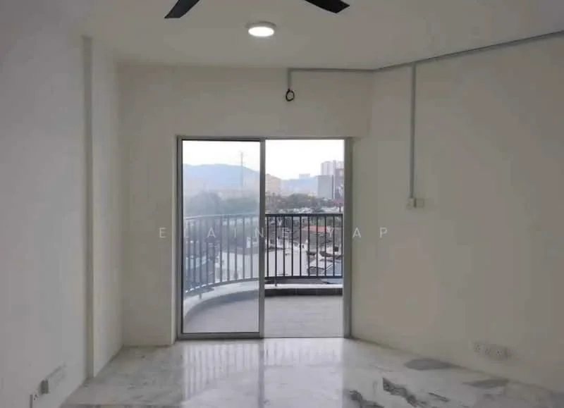 Room features: marble flooring, white painted walls, sliding glass door, floor-to-ceiling windows, 5-blade ceiling fan with light, balcony view, mountain view, natural light; style: modern; view: mountain.