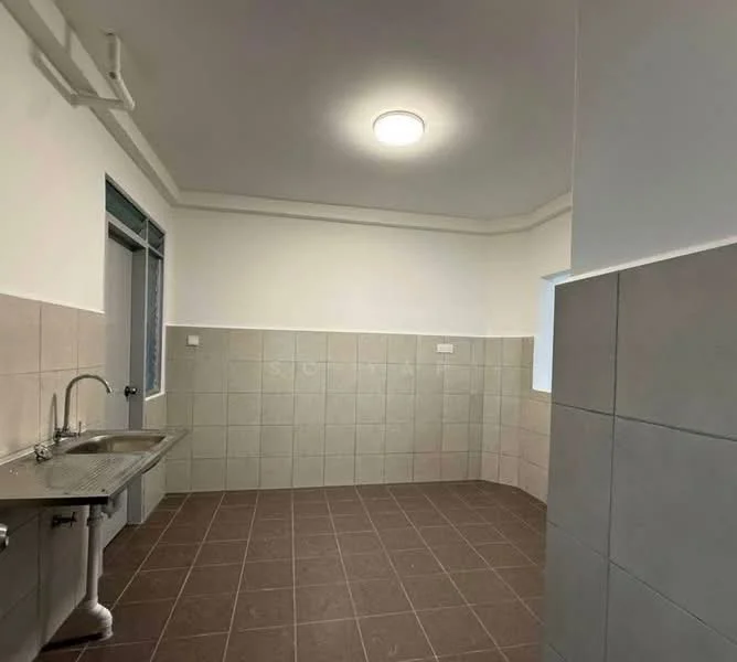 Laundry features: single-bowl stainless-steel sink, chrome faucet, grey tiled walls, white painted walls, brown tiled flooring, ceiling light fixture, window with grid pattern, corner layout; style: modern.