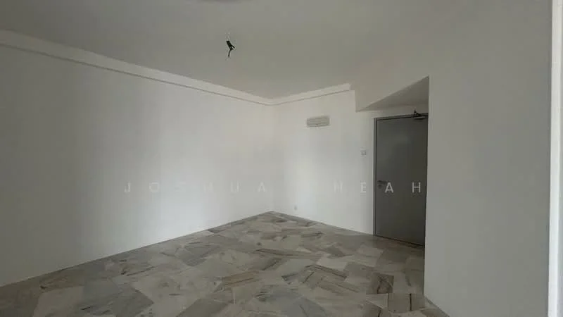 Room features: white painted walls, marble tile flooring, ceiling with light fixture, wall-mounted split AC.