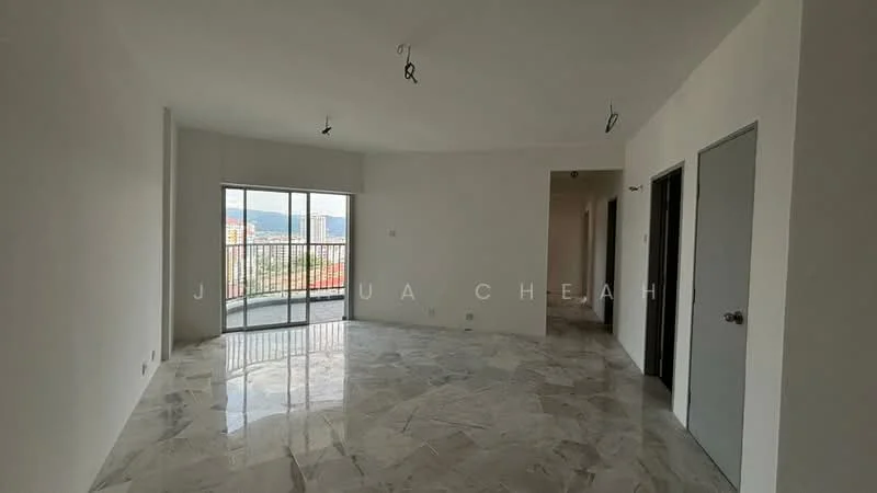 Room features: marble flooring, white painted walls, floor-to-ceiling windows, sliding glass door, recessed downlights, open layout, balcony access, city view; style: modern; view: city.