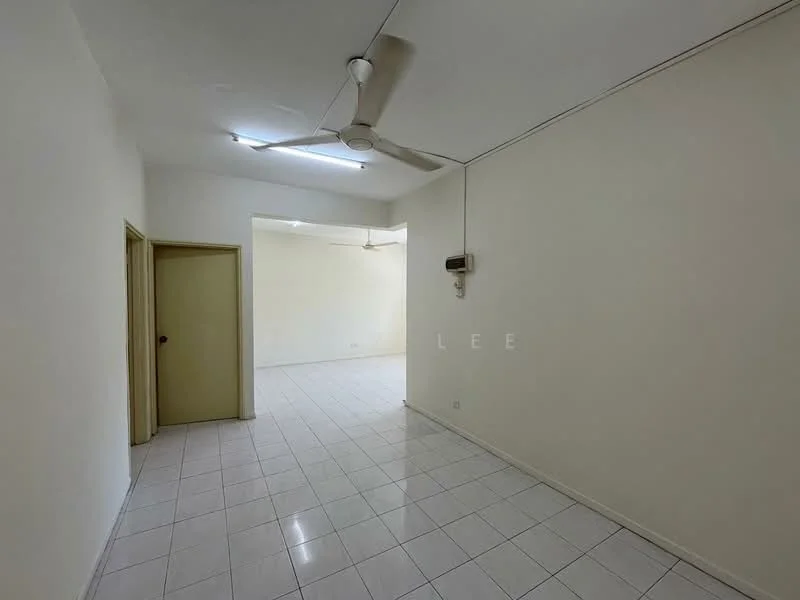 Room features: white painted walls, glossy white tile flooring, ceiling fan, light fixtures, doorway leading to another room, neutral color scheme; style: minimalist.