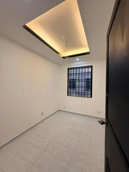 Room features: white painted walls, tile flooring, recessed ceiling with LED lighting, black window grille, single window, door with handle, light switch, corner wall; style: modern.