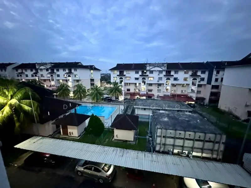 Exterior type: low-rise apartment block; features: swimming pool, landscaped garden, palm trees, covered parking area, multiple apartment units, balconies on upper floors, manicured lawn, night lighting, car parking spaces; style: modern.