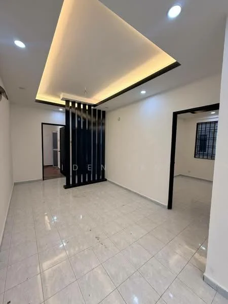 Room features: white painted walls, glossy ceramic tile flooring, recessed downlights, tray ceiling with LED lighting, black feature wall, open layout, large windows, neutral color scheme; style: modern.