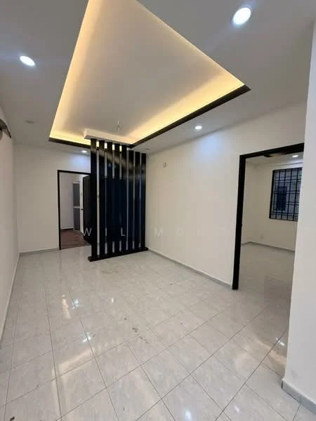 Room features: white painted walls, glossy ceramic tile flooring, tray ceiling with recessed lighting, black feature wall, multiple ceiling lights, window with security bars, open layout, neutral color scheme; style: modern.