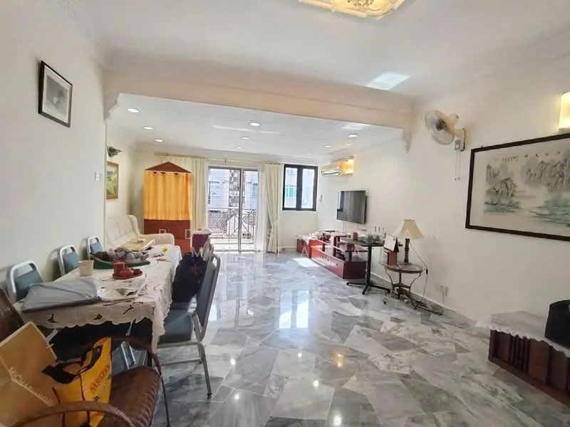 Living features: marble tile flooring, white painted walls, recessed downlights, 5-blade ceiling fan, sofa in cream fabric, coffee table, TV console, wall-mounted TV, dining table with chairs, curtains, balcony door, decorative artwork, side table, armchair; style: contemporary; view: city.