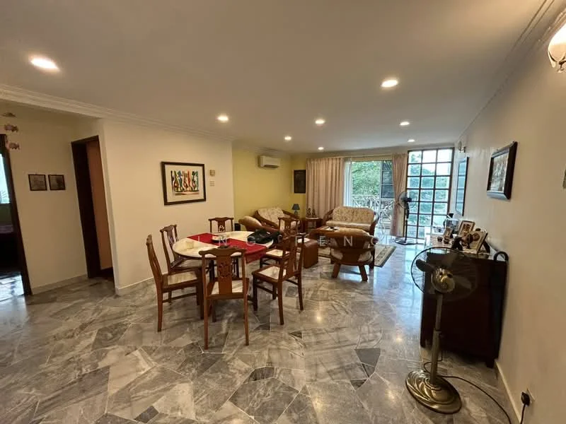 Living features: marble flooring, white painted walls, recessed downlights, floor-to-ceiling windows, sliding glass door, sofa, dining table with chairs, ceiling fan, decorative wall art, coffee table, TV console, area rug; style: contemporary; view: garden.
