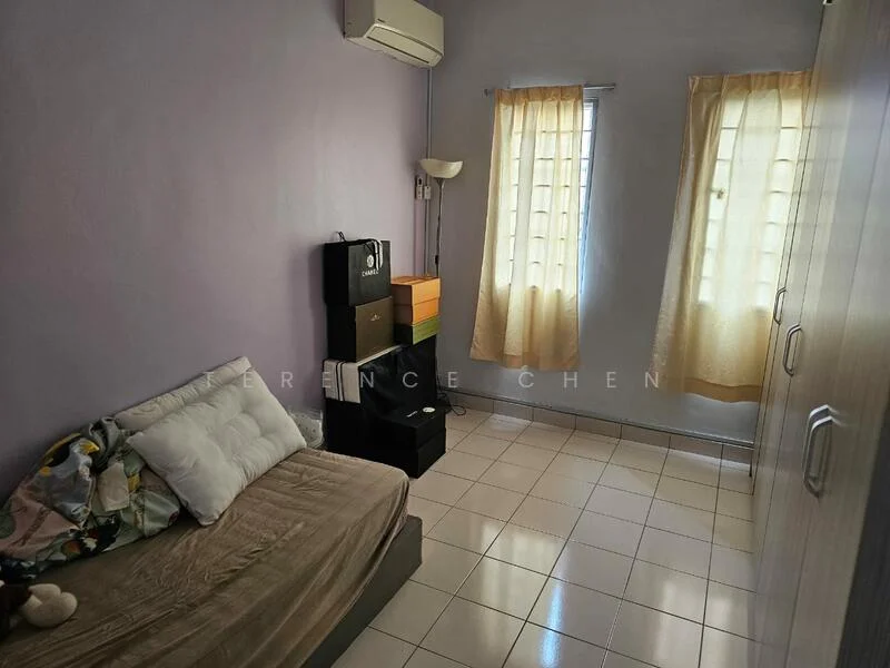 Bedroom features: purple painted walls, white tiled flooring, single bed with beige bedding, floor-to-ceiling window, sheer curtains, wall-mounted air conditioning unit, lamp on floor, built-in wardrobe with sliding doors, black speaker unit, colorful storage boxes.