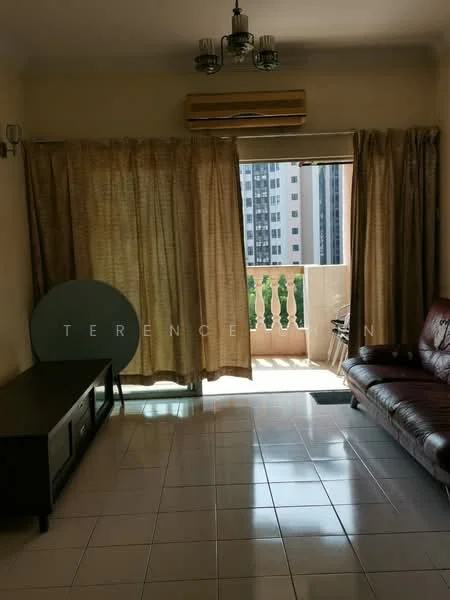 Living features: brown leather sofa, coffee table, white tiled flooring, curtains in beige, wall-mounted air conditioning unit, floor-to-ceiling windows, balcony door, decorative ceiling light.