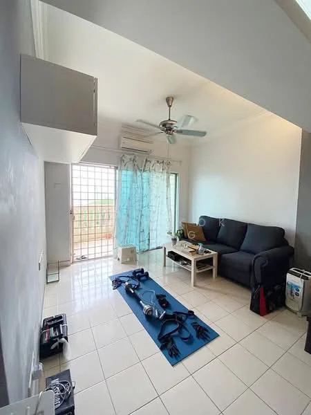 Living features: 3-seater fabric sofa in dark grey, coffee table, floor-to-ceiling windows, sliding glass door, sheer curtains, ceiling fan with light, white painted walls, tile flooring, air conditioning unit, decorative items on coffee table, exercise mat on floor; style: modern; view: garden.