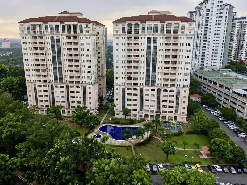 Exterior type: high-rise condominium; features: two adjacent high-rise buildings, swimming pool, landscaped garden, manicured lawn, children's playground, parking lot, surrounded by greenery, balconies on upper floors, modern architectural design, multiple storeys, outdoor seating area; style: modern.