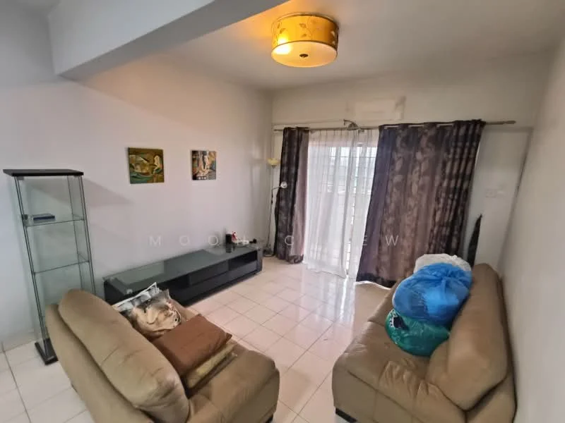 Living features: two beige fabric sofas, glass display cabinet, black TV console, floor-to-ceiling sliding glass door, sheer curtains, dark curtains, ceiling light fixture, white painted walls, glossy tile flooring, decorative wall art; style: modern.