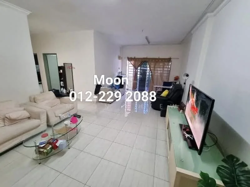 Living features: cream painted walls, white ceiling, ceramic tile flooring, 3-seater fabric sofa in beige, 2-seater fabric sofa in beige, glass coffee table, TV console, wall-mounted TV, curtains, decorative plants, area rug, floor lamp; style: modern.