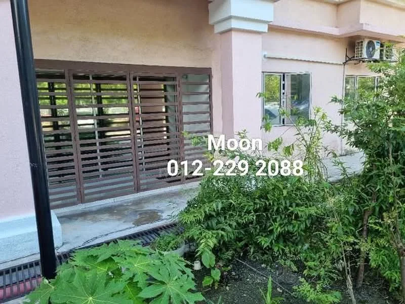 Exterior features: sliding glass door, wooden window grilles, exterior wall with light pink paint, concrete flooring, landscaped garden with shrubs, air conditioning unit visible, manicured greenery; style: modern.