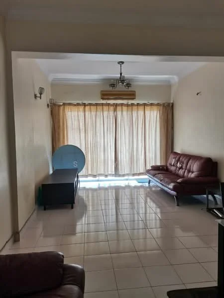 Living features: brown leather 3-seater sofa, brown leather 2-seater sofa, glass coffee table, white painted walls, glossy tiled flooring, ceiling fan with light, air conditioning unit, floor-to-ceiling windows with sheer curtains; style: modern.