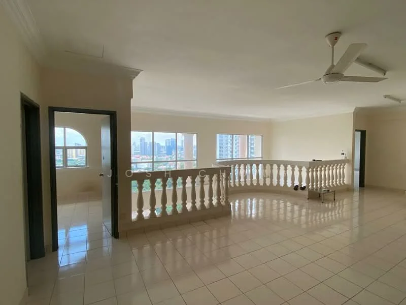 Living features: white painted walls, glossy ceramic tile flooring, 5-blade ceiling fan, large windows with city view, balcony railing, open layout, natural light, neutral color scheme; style: modern; view: city. Room features: arched doorway, door leading to another room.