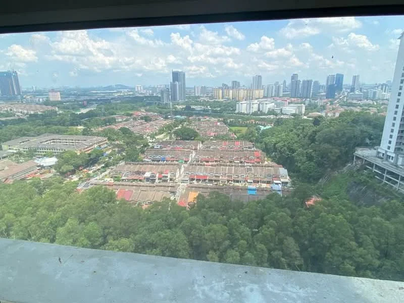 Exterior type: high-rise condominium; features: city skyline view, surrounded by greenery, urban landscape, multiple high-rise buildings, residential area below, clear blue sky, distant hills, mixed-use development; style: modern.