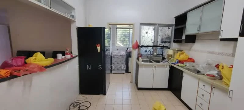 Kitchen features: black refrigerator, white cabinetry, laminate countertop, sink, window with grille, tile backsplash, ceramic tile flooring, kitchen appliances, various kitchen items on countertop, washing machine visible through window.