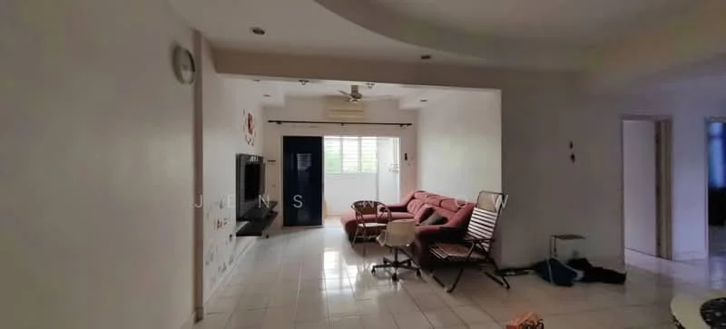 Living features: white painted walls, glossy tile flooring, 5-blade ceiling fan, wall-mounted TV, sofa set in red, coffee table, sliding glass door, window with blinds, decorative wall art, open layout, area rug, light-colored ceiling, built-in shelving, floor-to-ceiling windows; style: modern.