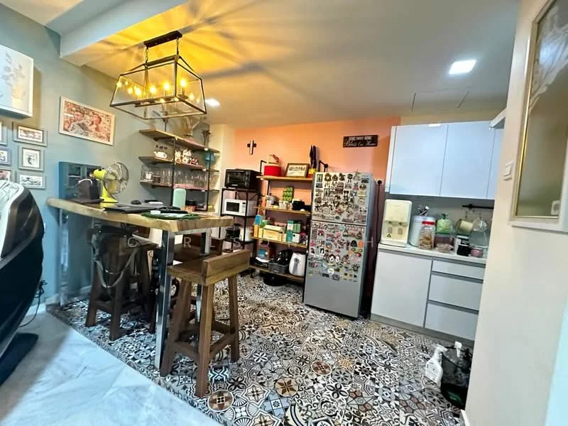 Kitchen features: wooden bar table with high stools, stainless-steel fridge, built-in microwave, freestanding oven, white cabinetry, open shelving, decorative wall art, ceramic tile flooring with patterned design, pendant light fixture, kitchen appliances on countertop, fan, sink, countertop space; style: modern.