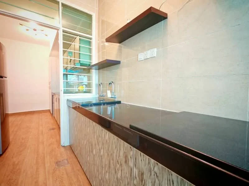 Kitchen features: black granite countertop, wood cabinetry with textured finish, double-bowl stainless-steel sink, chrome pull-down faucet, open shelving above countertop, tile backsplash, wood laminate flooring, recessed downlights; style: modern.