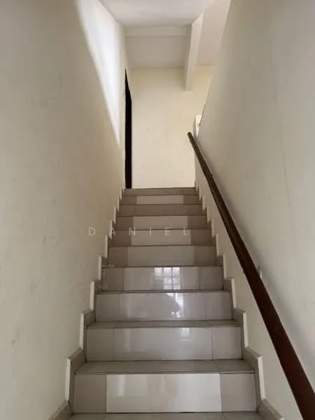 Room features: white painted walls, light-colored tiled flooring, wooden handrail, staircase with risers, natural light from upper level, no visible decor or furnishings; style: minimalist.