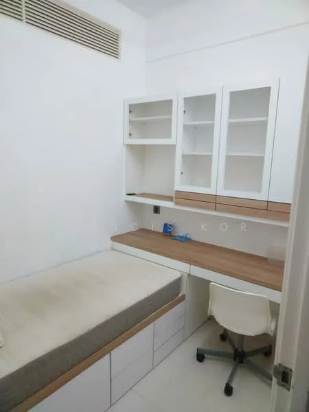 Bedroom features: single bed with mattress, built-in wardrobe with white doors, wooden countertop, study desk with chair, white painted walls, tile flooring, air conditioning vent, shelves above the desk; style: modern.