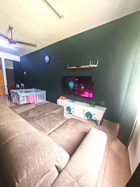 Living features: 3-seater fabric sofa in brown, wall-mounted TV, TV console, ceiling fan, green painted walls, tile flooring, decorative wall clock, open shelving, curtains, area rug; style: modern.