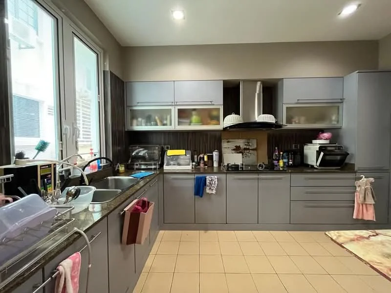 Kitchen features: grey cabinetry, granite countertop, stainless-steel sink, chrome pull-down faucet, built-in oven, freestanding range oven, microwave, dishwasher, ceramic tile flooring, recessed downlights, window with sheer curtains, kitchen rug, open shelving, wall-mounted cabinets; style: modern.