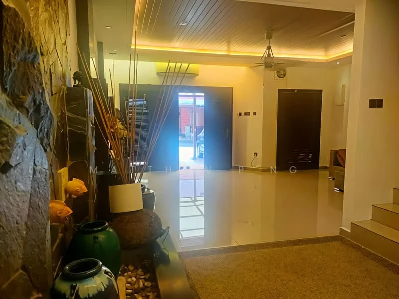 Room features: stone feature wall, polished tile flooring, wooden ceiling with recessed lighting, ceiling fan, decorative vases, indoor plants, double-door main entrance, wall-mounted light switches, staircase leading to upper level, glass door, decorative stones; style: modern.