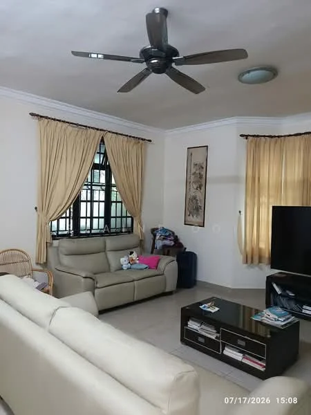 Living features: 5-blade ceiling fan with light, cream painted walls, white ceiling, floor-to-ceiling windows, sheer curtains, beige leather sofa, coffee table with storage, wall-mounted TV, decorative artwork, light-colored tiled flooring; style: contemporary.