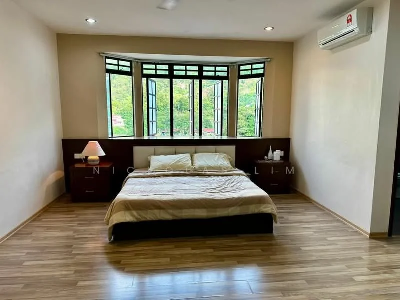 Bedroom features: queen-size bed with white bedding, wooden bed frame, 2 bedside tables with lamps, floor-to-ceiling windows, wooden flooring, wall-mounted air conditioning unit, built-in wardrobe, neutral painted walls; style: modern; view: garden.