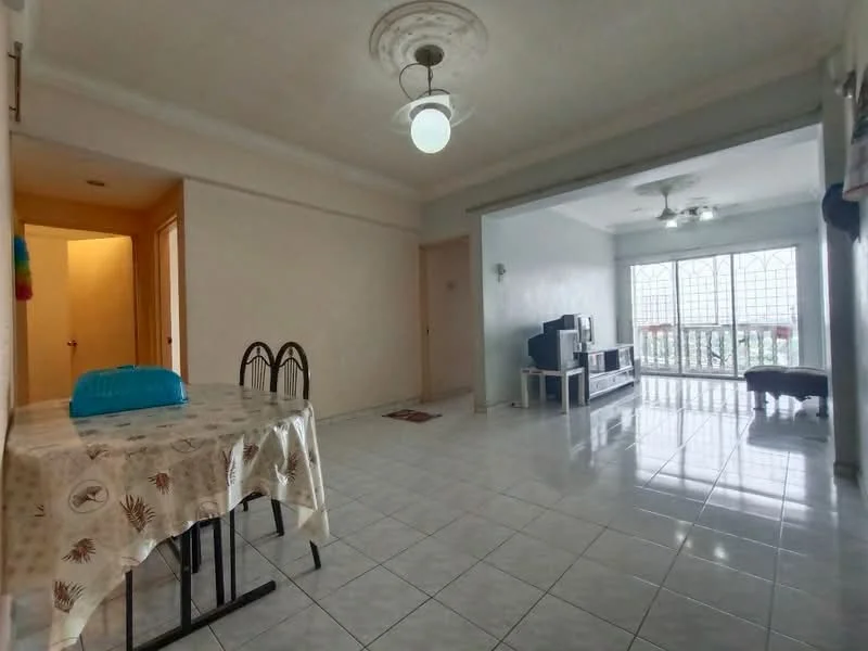 Living features: white painted walls, glossy ceramic tile flooring, ceiling rose, ceiling fan with light, large windows with grid pattern, TV console, freestanding TV cabinet, sofa, area rug, decorative wall clock; style: modern; view: city. Dining features: table with tablecloth, 4 dining chairs, neutral wall color, doorway leading to hallway; style: modern.