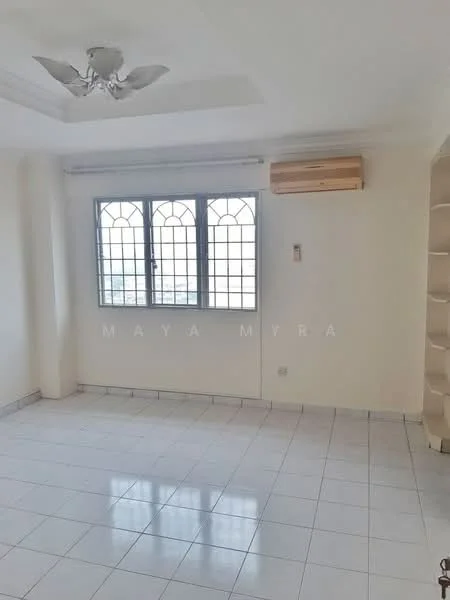 Room features: white painted walls, white ceiling, 5-blade ceiling fan, floor-to-ceiling windows with grid pattern, wall-mounted air conditioning unit, ceramic tile flooring, built-in shelving unit, natural light from windows; style: modern; view: city.