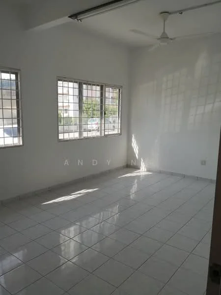 Room features: white painted walls, white ceiling, floor-to-ceiling windows, grid-pattern window grills, ceramic tile flooring, ceiling fan, natural light from windows, empty space; style: minimalist; view: garden.