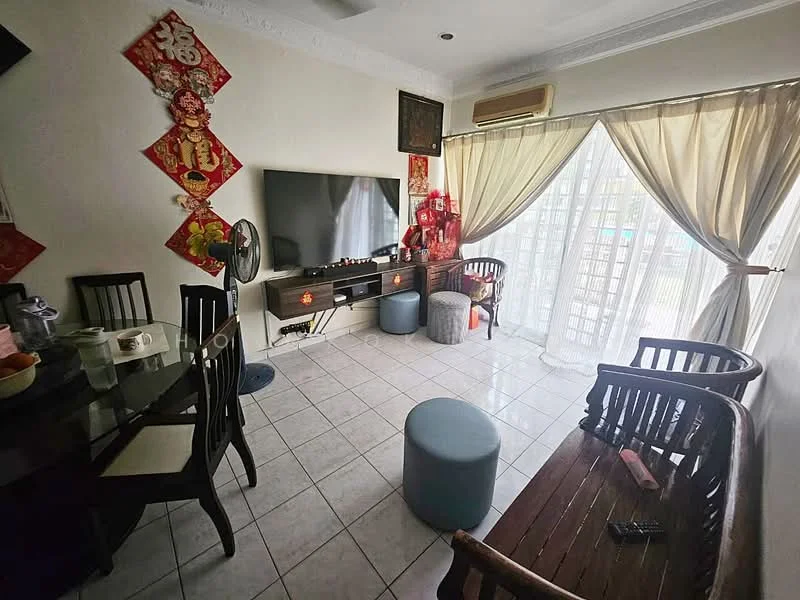 Living features: white painted walls, ceramic tile flooring, recessed downlights, floor-to-ceiling windows, sheer curtains, TV console, wall-mounted TV, wooden seating, round ottoman, dining table with chairs, decorative wall art, air conditioning unit; style: modern.