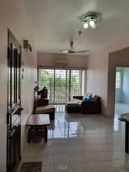 Living features: white painted walls, glossy tile flooring, 5-blade ceiling fan with light, recessed ceiling lights, large sliding glass door, window with grid pattern, brown fabric sofa, wooden coffee table, decorative throw pillow, air conditioning unit; style: modern; view: garden.