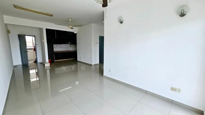 Living features: white painted walls, glossy ceramic tile flooring, 5-blade ceiling fan, recessed downlights, floor-to-ceiling windows, open layout, neutral decor, no visible furniture; style: modern.