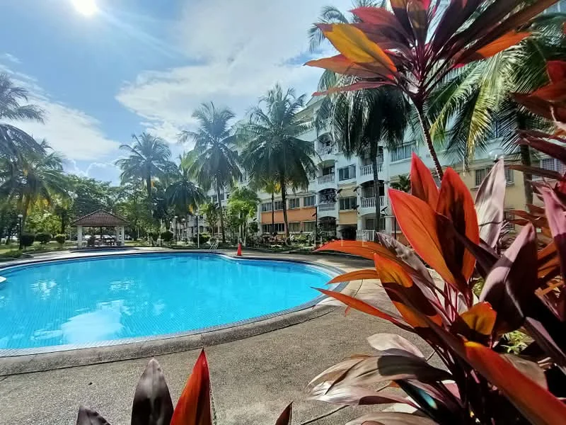 Exterior type: low-rise apartment block; features: swimming pool, pool deck, tropical landscaping, palm trees, manicured lawn, gazebo, surrounded by greenery; style: tropical-modern.