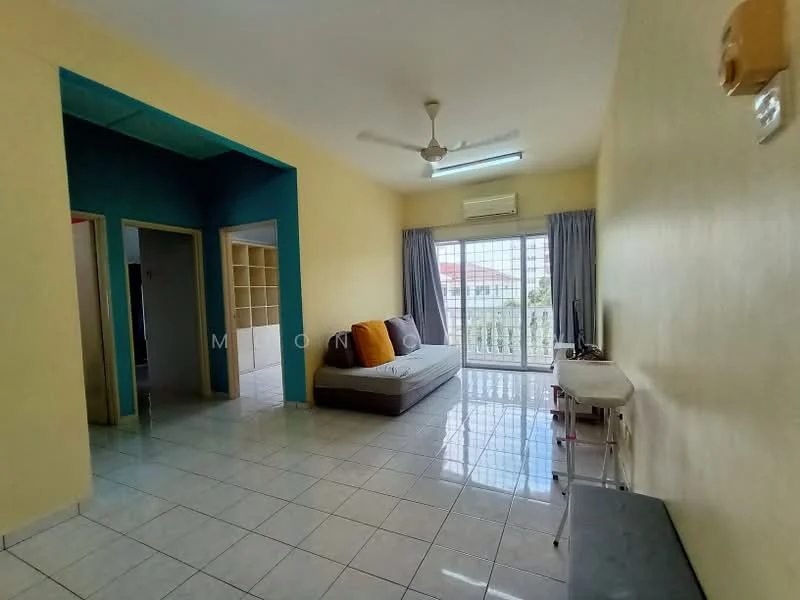Living features: cream painted walls, blue accent wall, white ceiling, 5-blade ceiling fan, large sliding glass door, curtains, tile flooring, sofa, small side table, TV console, built-in shelving unit, natural light from window; style: modern; view: garden. Room features: doorway leading to other rooms, open layout.