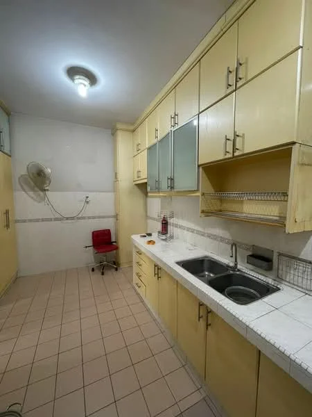 Kitchen features: yellow cabinetry, white countertop, double-bowl stainless-steel sink, chrome pull-down faucet, built-in shelving, tile backsplash, ceramic tile flooring, ceiling-mounted light fixture, wall-mounted fan, red office chair.