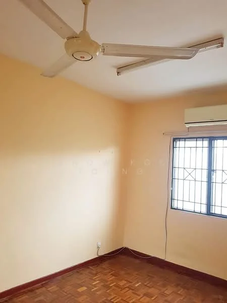 Room features: cream painted walls, parquet wood flooring, ceiling fan, window with metal grille, air conditioning unit.