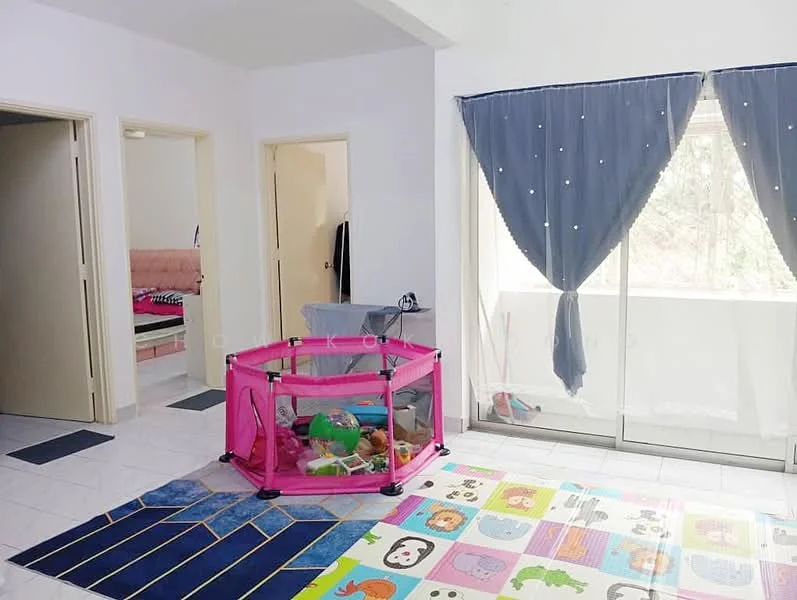 Living features: white painted walls, tile flooring, sliding glass door, floor-to-ceiling windows, sheer curtains, area rug with animal pattern, playpen in pink, decorative toys, natural light from windows. Bedroom features: white painted walls, carpeted flooring, double bed with upholstered headboard, nightstand, lamp, closet, natural light from window. Room features: cream painted walls, door to hallway, unknown flooring.