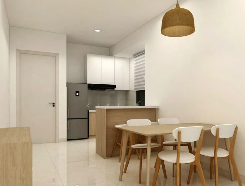 Kitchen features: white shaker cabinets, stainless-steel fridge, built-in oven, 4-burner gas hob, white quartz countertop, pendant light, ceramic tile flooring, window with blinds, dining table with 4 white chairs, wooden dining table, open layout, neutral painted walls; style: modern.